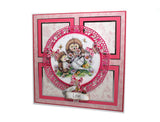 Decorative card with teddy bears and floral elements on a white background