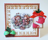 Greeting card with teddy bears, teapot, and tea cups on a decorative background