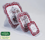 Two red and white decorative greeting cards with intricate designs on a white background.