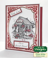 Card with a garden shed illustration and decorative border, featuring the Katy Sue Designs logo.