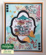 Colorful card with a design of chairs, table, and umbrella, featuring 'Kathyote Designs' branding.