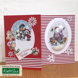 Christmas-themed card with reindeer, snowman, and snowflakes on a red and white striped background.