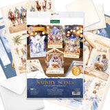 Nativity scenes pop-up card making kit packaging with examples of cards on a white background