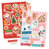Two Christmas-themed sticker sheets displayed on a white background. One sheet is red with festive holiday illustrations like Santa Claus, a Christmas tree, reindeer, and gifts.