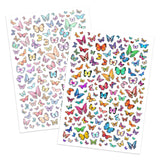 Two sheets of butterfly stickers with a variety of colorful designs, displayed on a clean white background.
