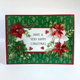 Christmas card with red and white flowers on a green background