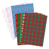 Set of Christmas-themed paper sheets with plaid and snowflake patterns on a white background.