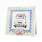 Wedding card with a vintage car and floral decorations on a decorative border.
