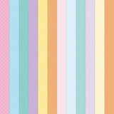 A vertical striped pattern featuring pastel colors including pink, light blue, lavender, yellow, peach, pale blue, and cream, each with a subtle repeating floral or polka-dot motif.