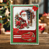 Christmas card with Santa Claus, poinsettias, and 'Season's Greetings' text on a wooden surface.