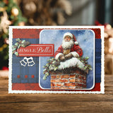 Christmas card with Santa Claus on a chimney, 'Jingle Bells' text, and decorative elements.