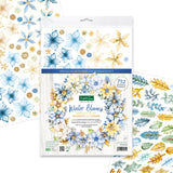 Packaging of floral and leaf stickers with winter-themed designs on a white background.