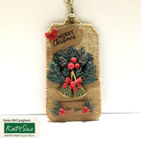 Christmas-themed decorative tag with holly design and 'Merry Christmas' text on a white background.