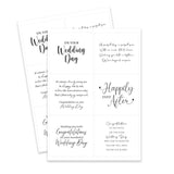 Three wedding cards with black text on a white background