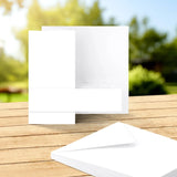 White square on a wooden surface with a blurred natural background