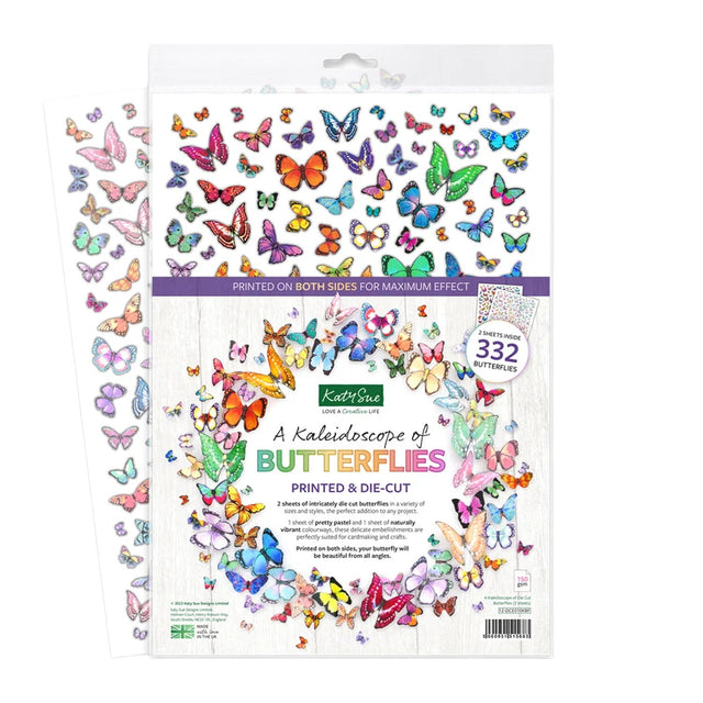 A package of Kate and Sue Butterfly Kaleidoscope printed and die-cut stickers, showing a white backing sheet filled with colorful butterfly stickers and a second sheet fanned out behind it on a white background.