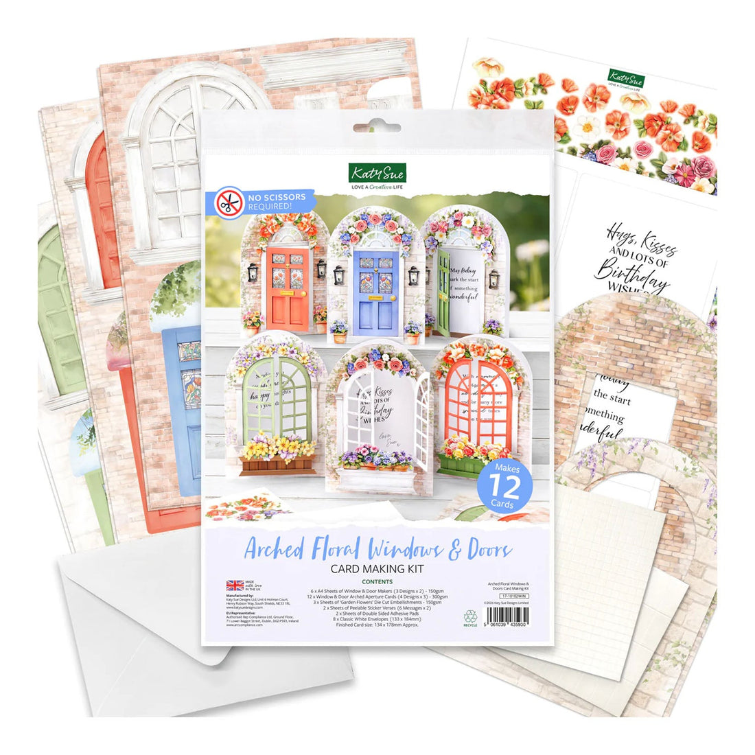 Card making kit with floral window and door designs on a white background