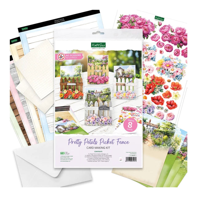 Kester's 'Pretty Petals Picket Fence' card making kit shown with its contents, including floral sticker sheets, cardstock, envelopes, and printed sample cards, arranged on a white background.