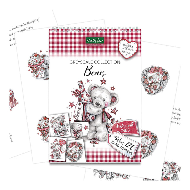 Kitty Sue Greyscale Collection Bears packaging with teddy bear illustrations on a white background
