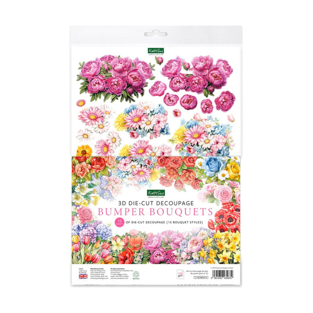 Package of 3D die-cut decoupage bumper bouquets with colorful floral designs on a white background.