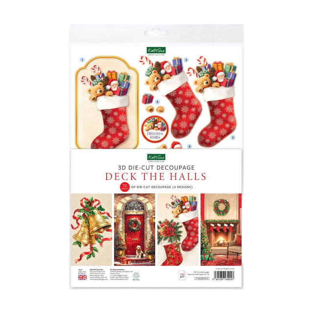Scrapbook World 'Deck the Halls' 3D die-cut decoupage kit in its original retail packaging, featuring Christmas-themed designs of stockings, bells, and a fireplace.
