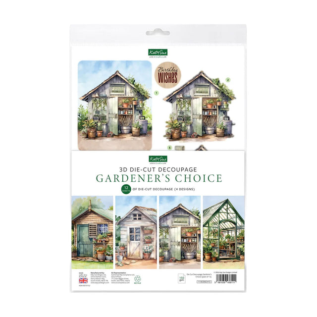 Kerrycraft 3D die-cut decoupage kit packaging with garden shed designs on a white background
