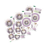Three sheets of decorative stickers featuring lavender wreaths, bows, and floral designs on a white background.