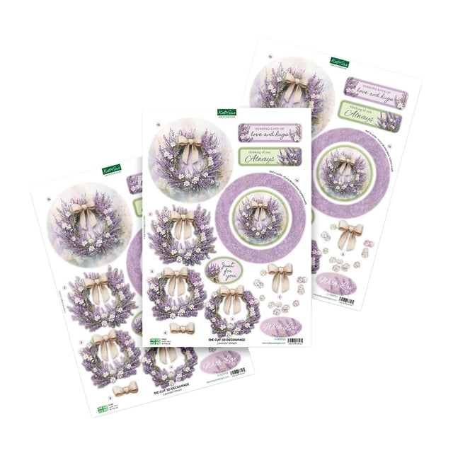 Three sheets of decorative stickers featuring lavender wreaths, bows, and floral designs on a white background.