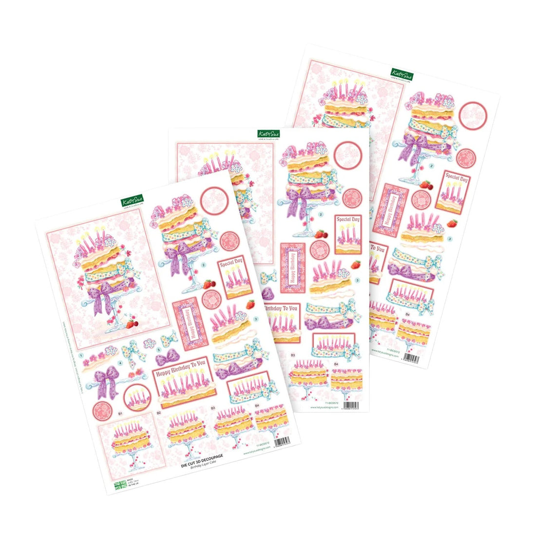 Four sheets of colorful birthday-themed stickers arranged in an overlapping fan layout on a plain white background. The stickers feature illustrated cakes, candles, ribbons, balloons, and party decorations in pastel pink, purple, yellow, and blue tones.