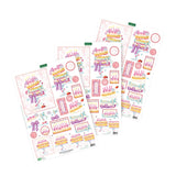 Four sheets of colorful birthday-themed stickers arranged in an overlapping fan layout on a plain white background. The stickers feature illustrated cakes, candles, ribbons, balloons, and party decorations in pastel pink, purple, yellow, and blue tones.