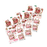 Sheet of decorative stickers featuring pink handbags and cosmetic items on a white background.