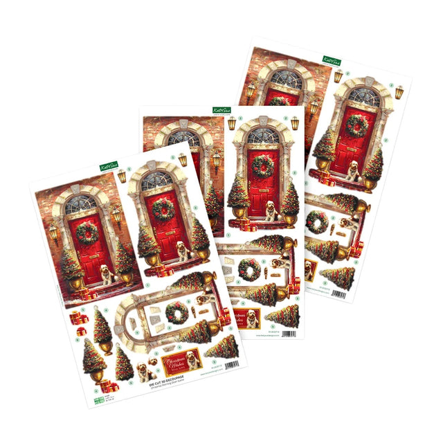 Four printed Christmas door decoration sheets arranged overlapping on a white background. Each sheet shows a festive brick doorway with a red door, wreath, Christmas trees, ornaments, lanterns, and small decorative elements, plus separate cutout pieces along the bottom.