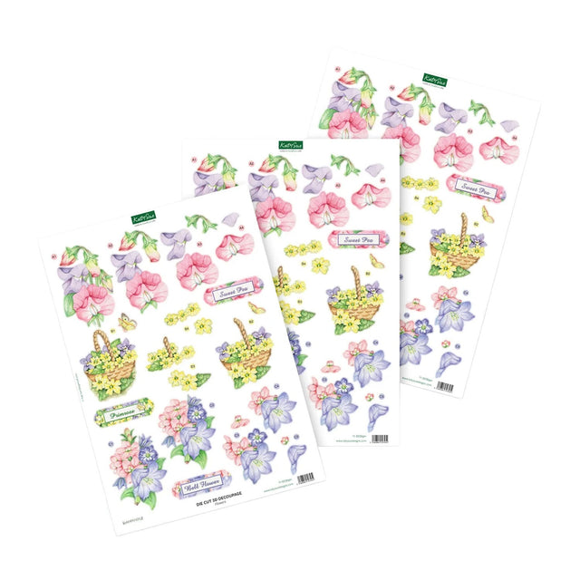 Three sheets of floral stickers featuring pink and purple flowers, green leaves, and yellow baskets, displayed on a clean white background.