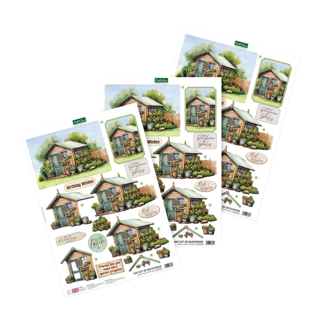 Set of garden-themed greeting cards with small houses and plants on a white background