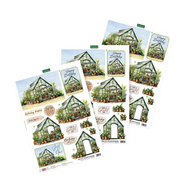 Collection of greeting cards with greenhouses and plants on a white background