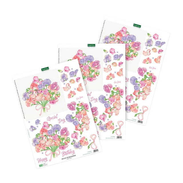 Three sheets of floral stickers featuring pink and purple flowers, butterflies, and bows on a white background, with decorative text such as 'Happy Birthday', 'Social Day', and 'To You'.