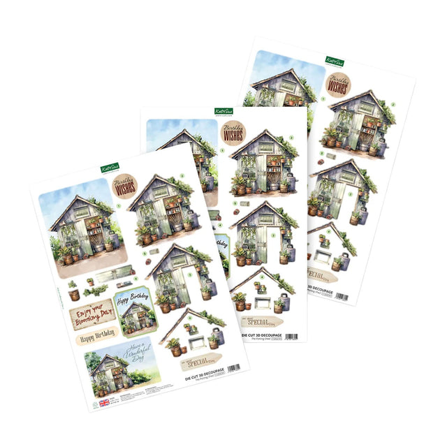 Collection of garden-themed greeting cards with small houses and plants on a white background