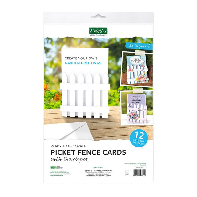Katie Green Picket Fence Cards with Envelopes, a 12-count pack of white picket fence-themed greeting cards and envelopes, shown in its retail packaging.