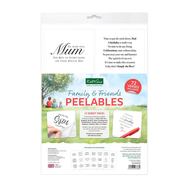 Kraft & Sue Family & Friends Peelables card set in its retail packaging, featuring 12 sheet packs with various themed writing and drawing activities.