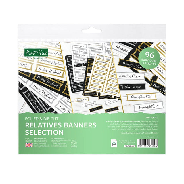 Package of foiled and die-cut relatives banners selection by Kate Sue on a white background