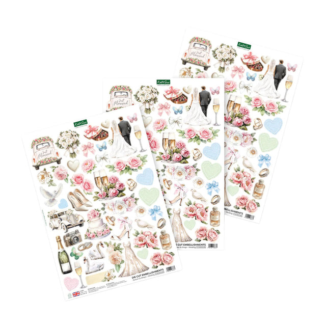 Set of wedding-themed decorative stickers on white background