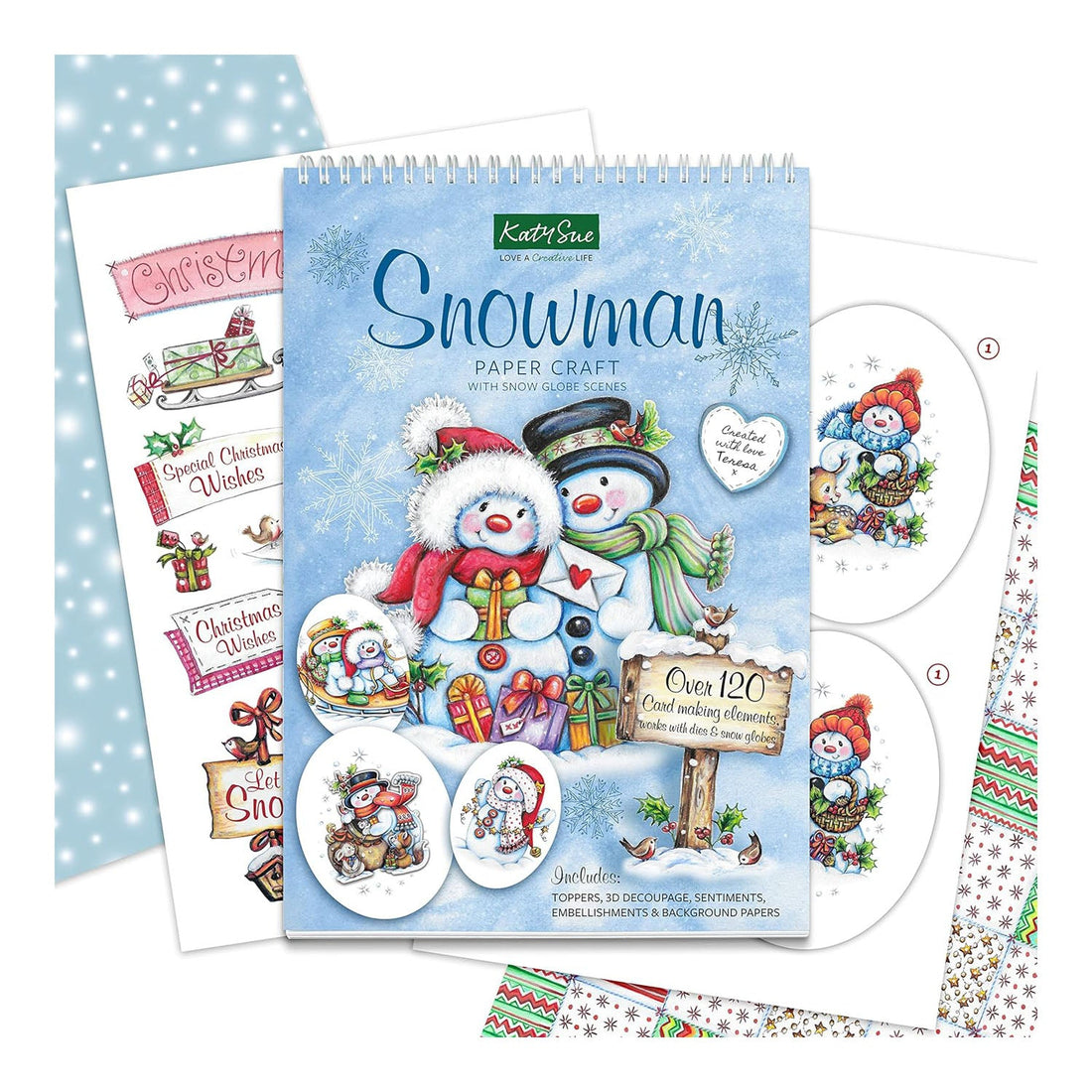 Snowman-themed craft kit with paper craft book, stickers, and DVD on a white background