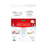 A retail package of Kate and Jane Christmas Verse Peelables, featuring a white header card with holiday quotes and a red and light blue illustrated front panel showing sample peelable sheets.