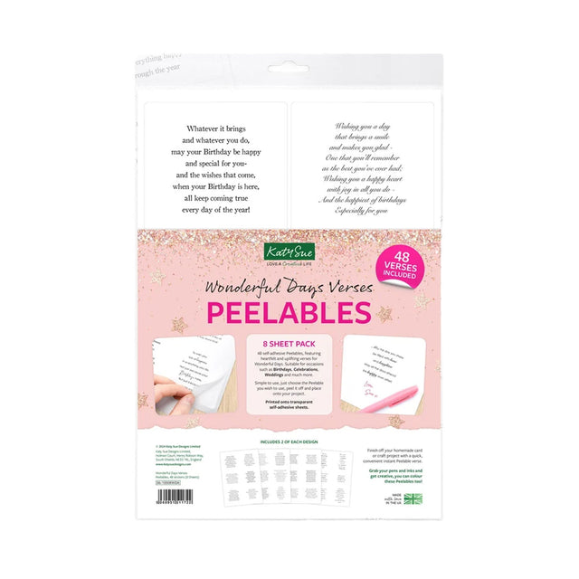 Katrina's Wonderful Days Verses Peelables 8-sheet pack, featuring a white and pink card design with sample text and a pink highlighter shown on the front.