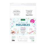 A package of Kate and Leo 'A Year of PEELABLES' birthday-themed stamp and transfer sheets, featuring various text designs for Happy Birthday messages on a white background with colorful confetti graphics.