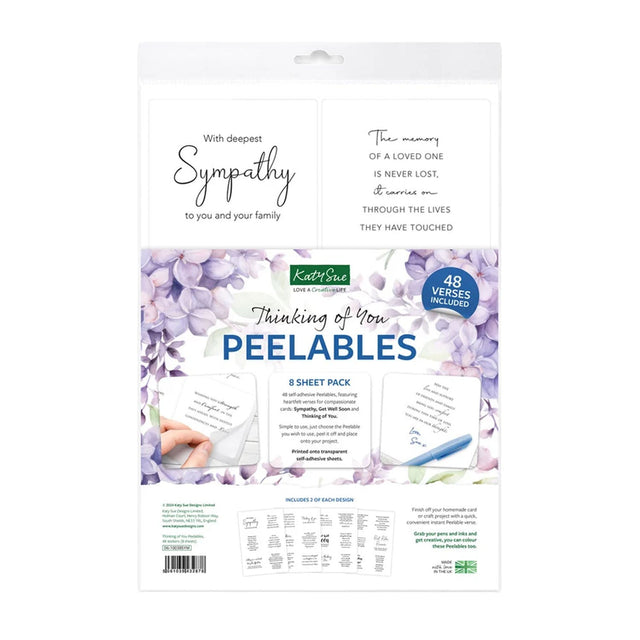 Kate and Sofie Thinking of You Peelables 8 sheet pack, featuring a white background with lavender floral graphics and sample text cards.