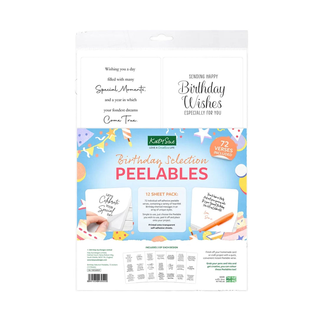 Katrina's Birthday Selection Peelables sheet pack, featuring 12 sheets with various birthday-themed phrases and illustrations on a white background.