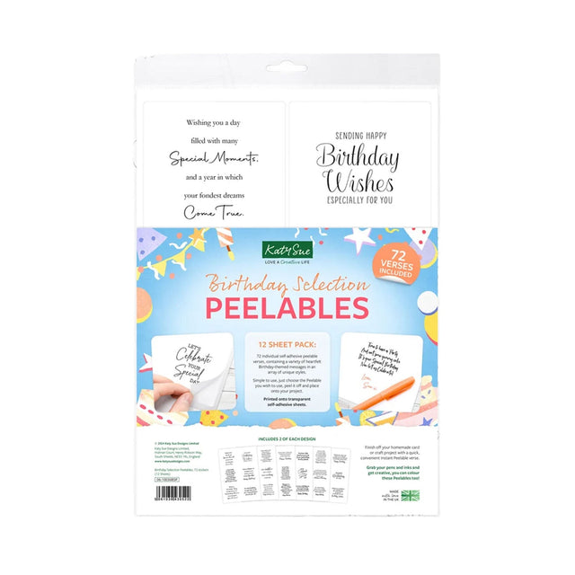 Katrina's Birthday Selection Peelables sheet pack, featuring 12 sheets with various birthday-themed phrases and illustrations on a white background.