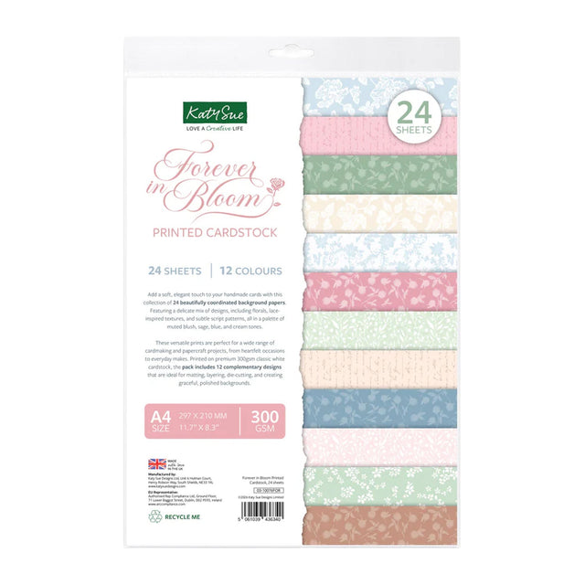 Pack of K&K Sue printed cardstock with various floral patterns on a white background