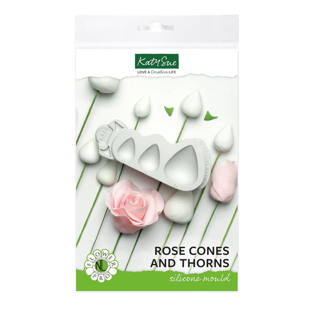 Silicone mold packaging for rose cones and thorns with floral design on a white background